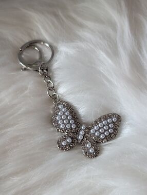 Silver Pearl Butterfly Keychain Charm